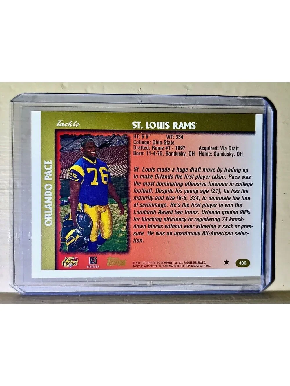 Orlando Pace 1997 Topps Draft Pick #400 NFL Rookie Card Rams